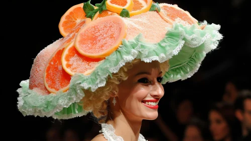 Young Woman Wearing Unique Orange Slice Hat