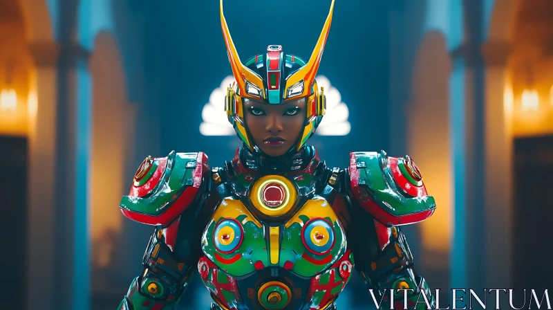 Advanced Cyborg in Elaborate Multicolored Armor AI Image