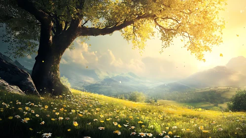 Sunlit Meadow with Tree and Flowers