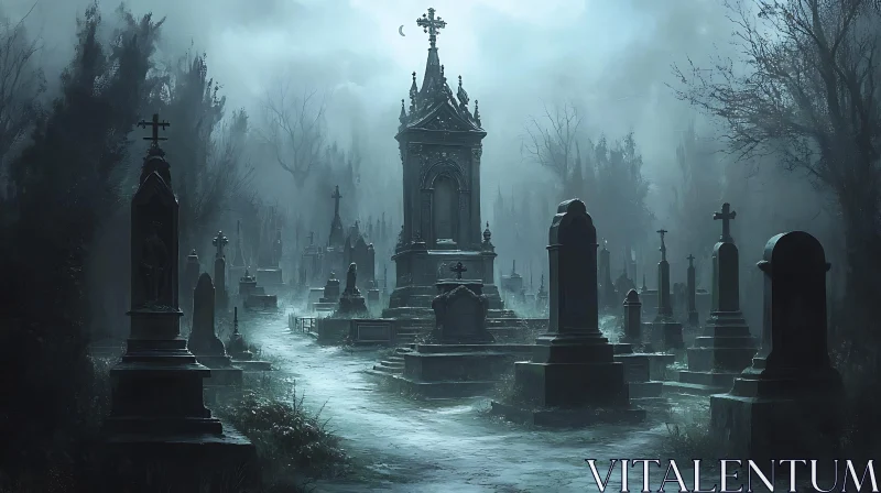 Foggy Graveyard at Night AI Image