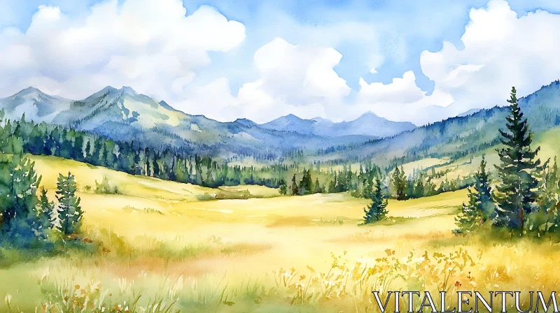 AI ART Peaceful Watercolor Mountain View Art Print