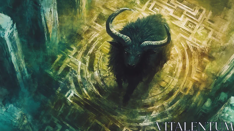 Dark Bull in Green Maze Painting AI Image