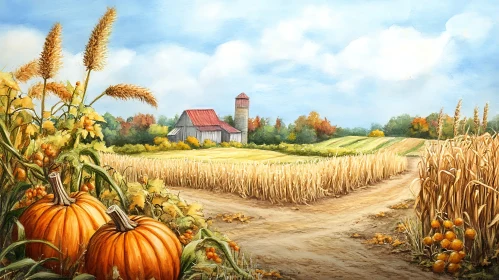 Picturesque Autumn Landscape with Pumpkins