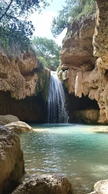 Serene Cascade Waterfall into Clear Pool AI Image