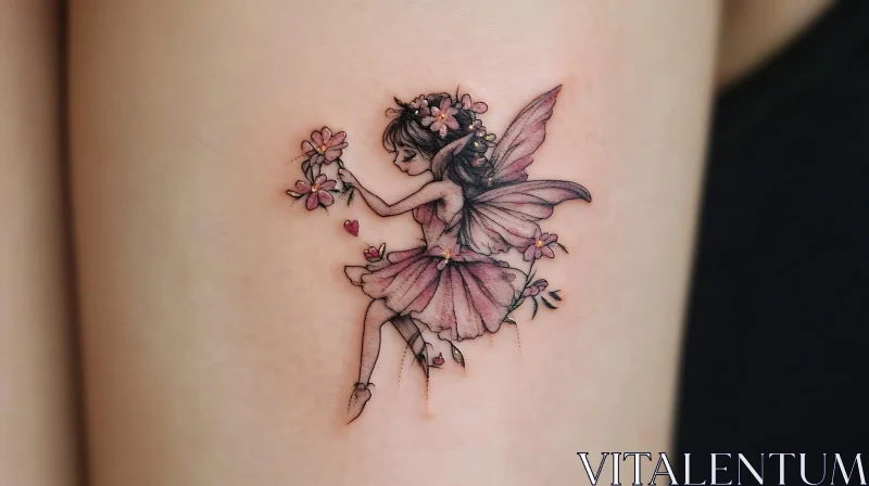 Graceful Fairy Tattoo with Floral Elements AI Image