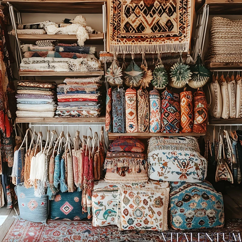 Eclectic Textile Display with Bohemian Flair AI Image