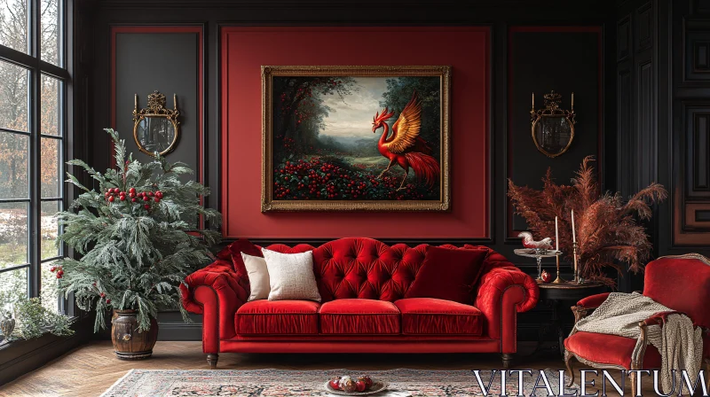 Red Velvet Sofa and Phoenix Painting AI Image