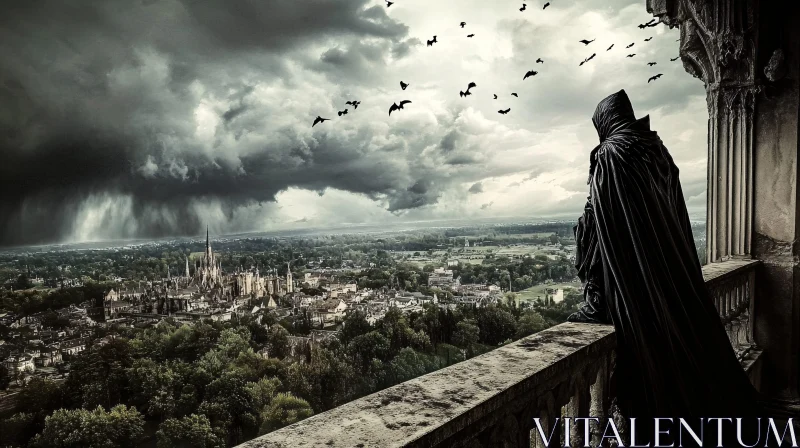 AI ART Gothic Cityscape with Cloaked Watcher