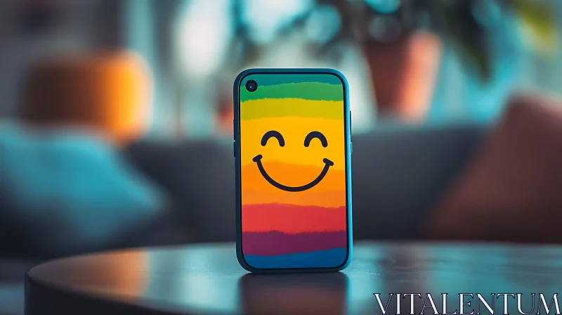 Smiling Rainbow Phone on Display AI Image