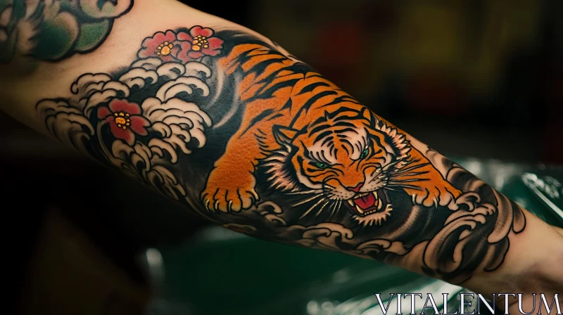 Fierce Tiger Tattoo with Waves and Cherry Blossoms AI Image