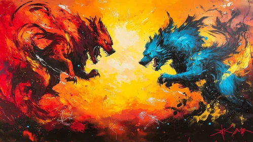 Wolves Confrontation Painting