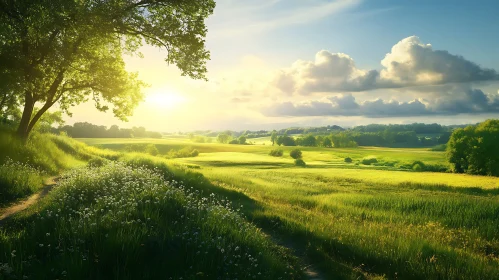 Sunlit Green Meadow with Winding Path