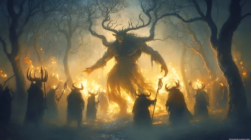 Mystical Forest Ritual with Towering Monster