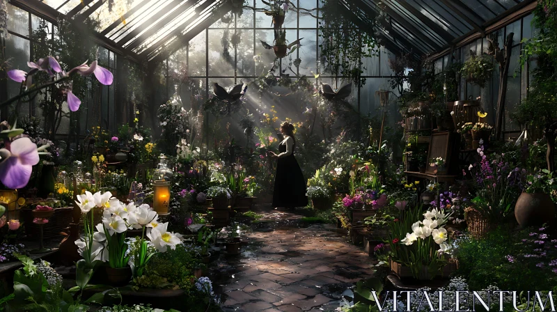 Woman in a Lush Greenhouse AI Image