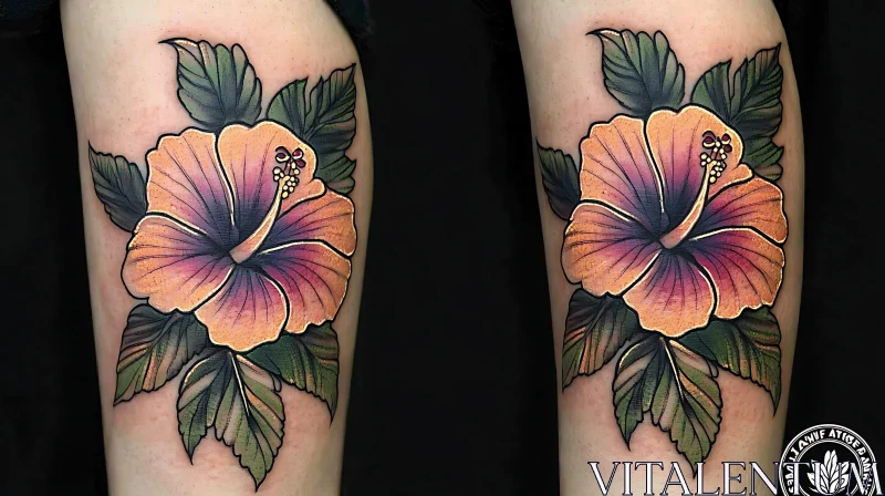 Vibrant Hibiscus Tattoo with Green Leaves AI Image