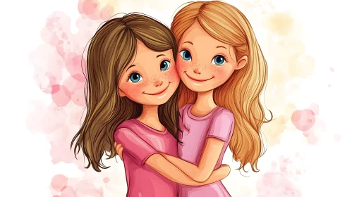 Cartoon Illustration of Two Young Friends