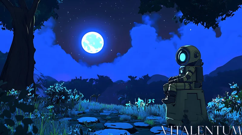 Moonlit Astronaut in Tranquil Meadow AI Image