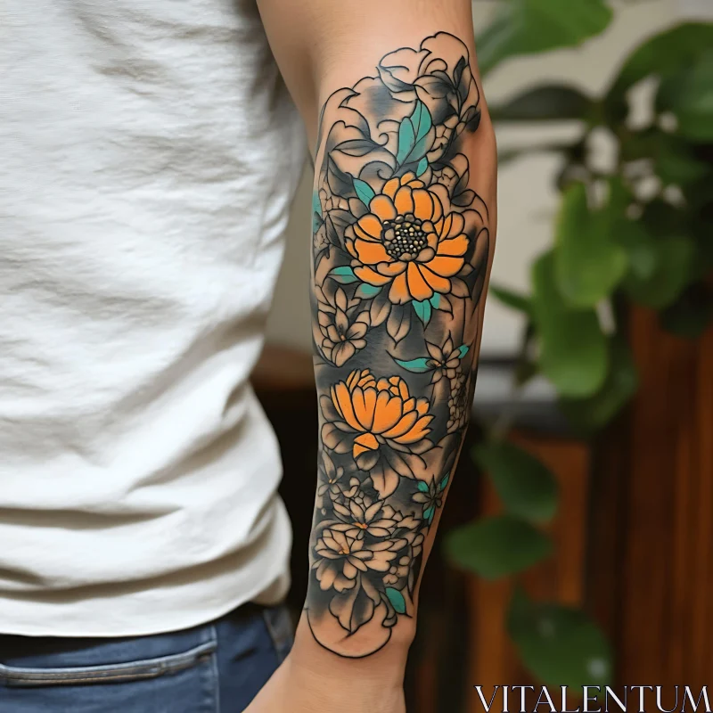 Detailed Flower Tattoo with Orange and Teal Colors AI Image