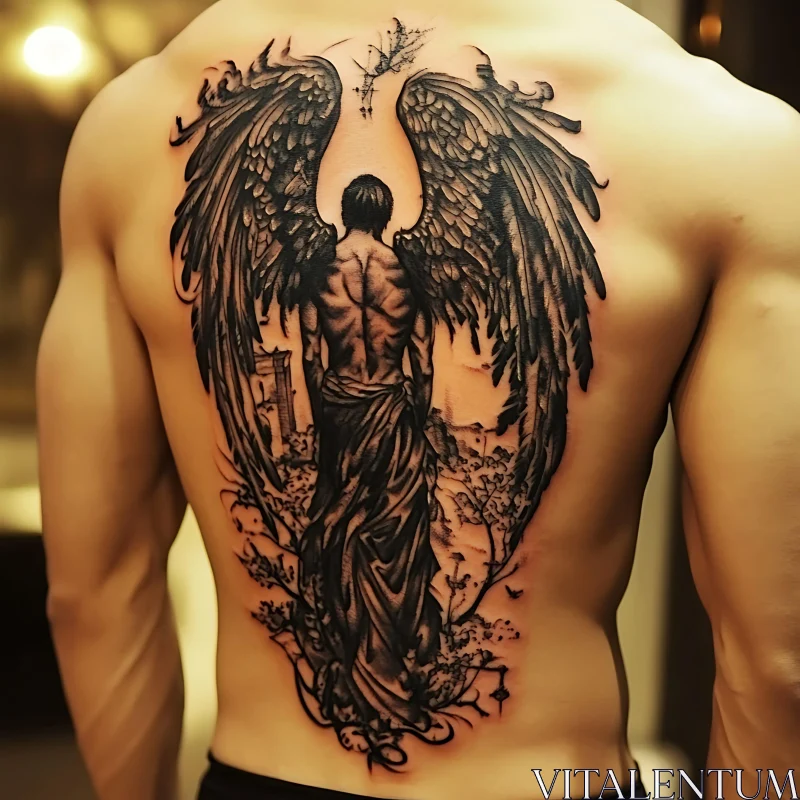 Intricate Black Ink Angel Back Tattoo AI Image