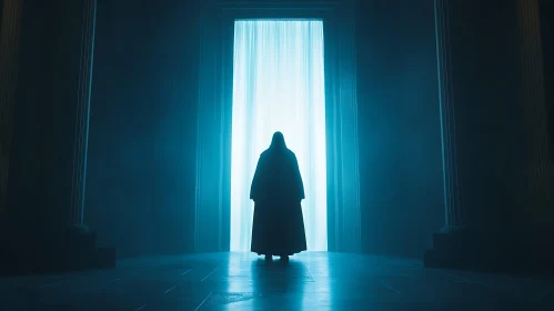 Cloaked Silhouette Before Luminous Doorway