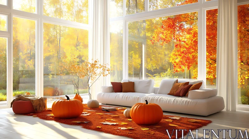 Cozy Fall Living Room with Pumpkins AI Image