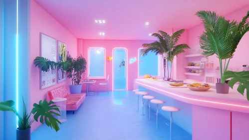 Neon Lit Pink Room with Plants