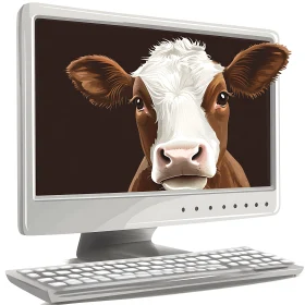 Cartoon Cow Peeking from Monitor