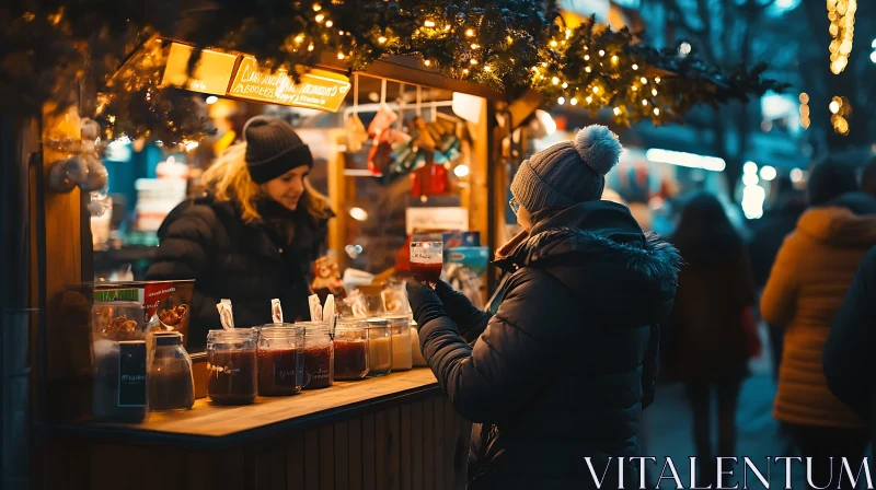 Joyful Christmas Market Evening Scene AI Image