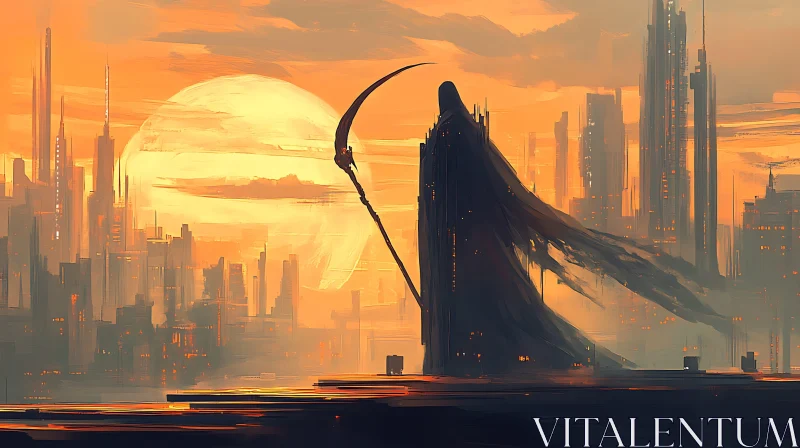 Cloaked Figure in a Dystopian Cityscape AI Image