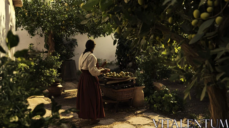 Woman Harvesting Fruit in a Sunny Orchard AI Image