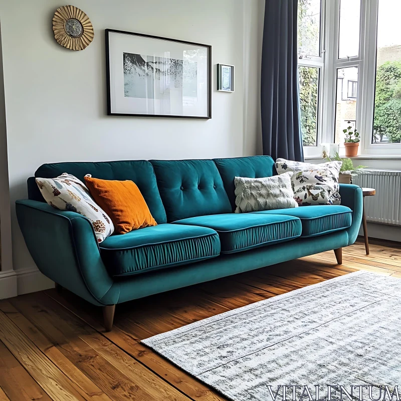 AI ART Teal Couch with Pillows on Wooden Floor