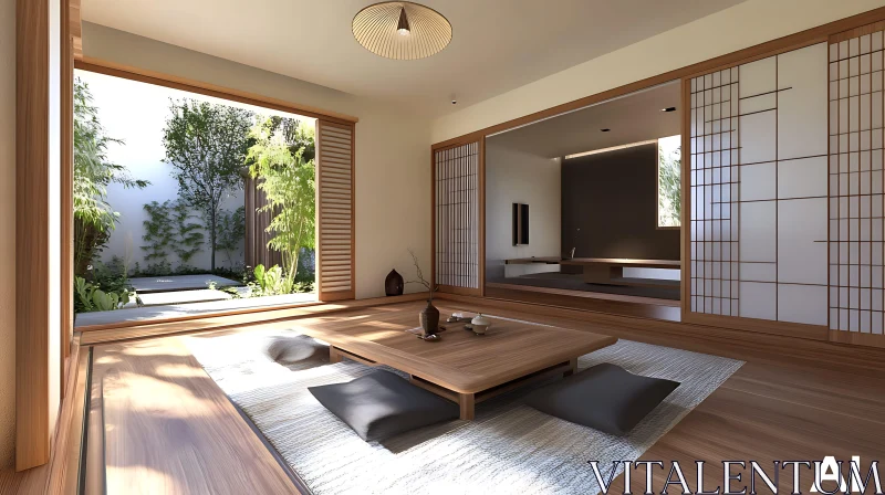 Tranquil Japanese Interior with Garden View AI Image