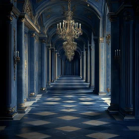 Grand Hallway with Gold Accents and Checkered Floor