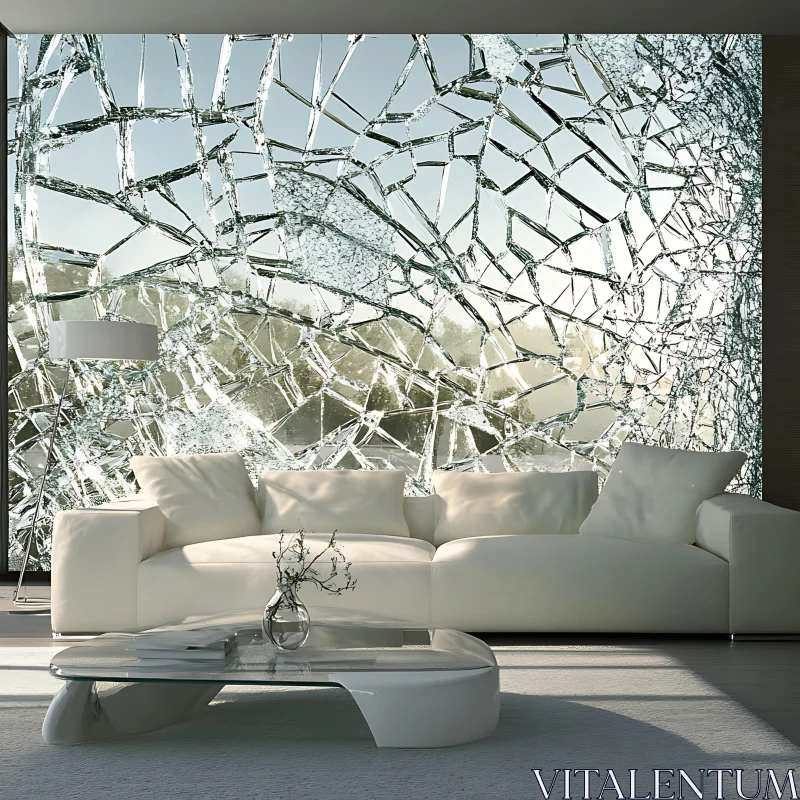 AI ART Contemporary Living Room with Broken Glass Wall