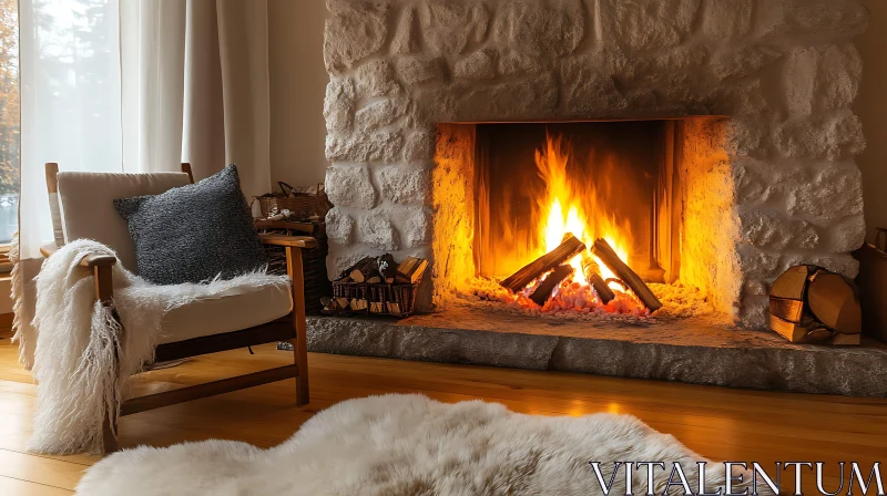 Stone Fireplace with Comfortable Chair AI Image