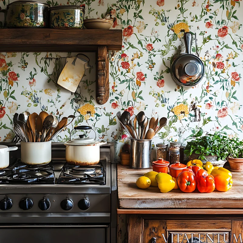 Rustic Kitchen with Floral Wallpaper AI Image