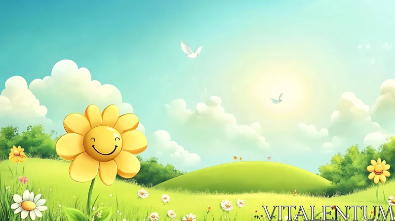 Smiling Flower in Sunny Meadow Artwork AI Image