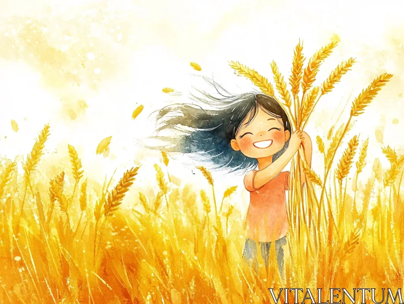 Golden Wheat Field with Smiling Girl AI Image