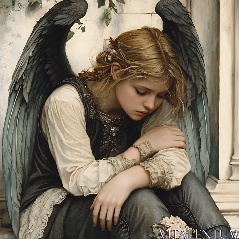 Melancholy Angel with Dark Wings AI Image