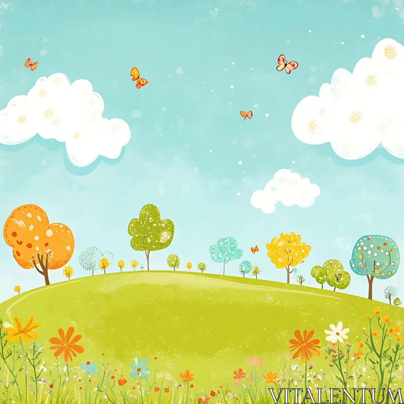 AI ART Whimsical Meadow with Butterflies and Trees