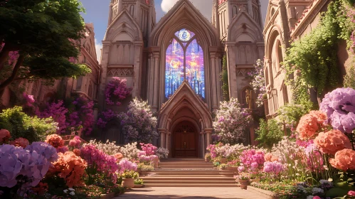 Enchanting Gothic Cathedral with Floral Foreground