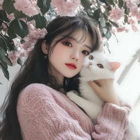 Girl Holding a Cat With Flowers
