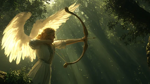 Winged Archer in Woodland Scene