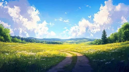 Tranquil Meadow Path Under Blue Sky