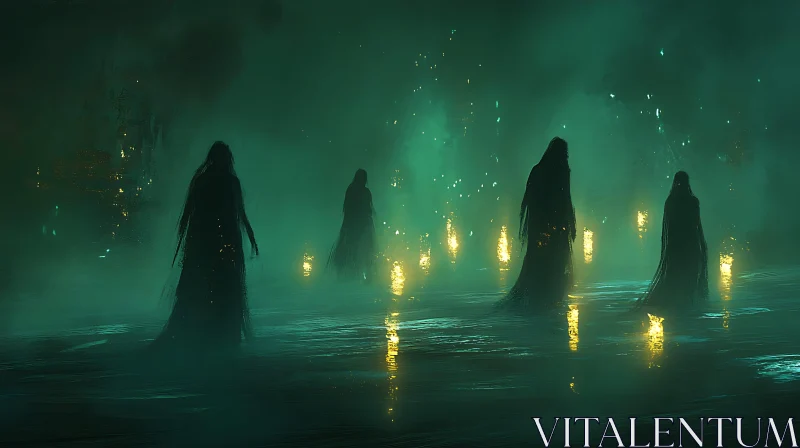 Cloaked Figures and Candles in the Mist AI Image