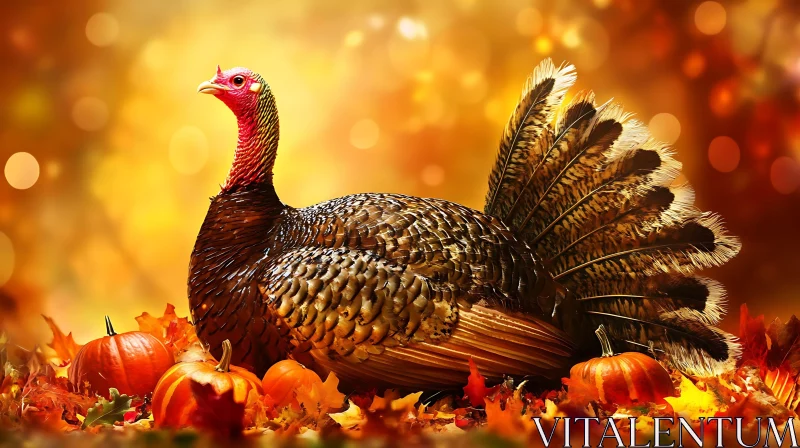 Autumnal Turkey Scene with Pumpkins AI Image