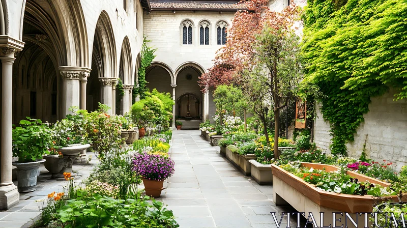 Picturesque Garden Courtyard with Flowers AI Image