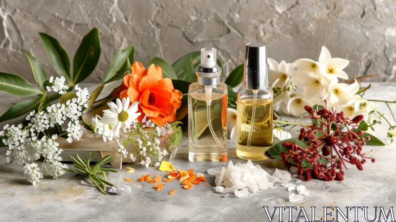 Captivating Still Life Composition with Perfume Bottles and Flowers AI Image