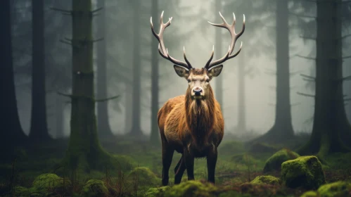 Enigmatic Stag in a Foggy Forest: An Emotive Animal Portraiture