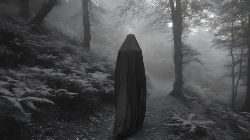 Monochrome Shrouded Figure in Foggy Woods